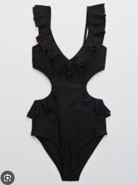 Aerie One Piece Swimsuit Sz Large Long Black Cut Out Ruffle American Eagle